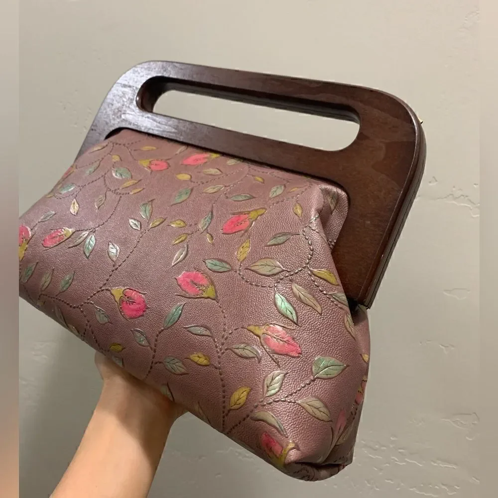 Handmade Genuine Embossed Leather Large Wooden Frame Handbag